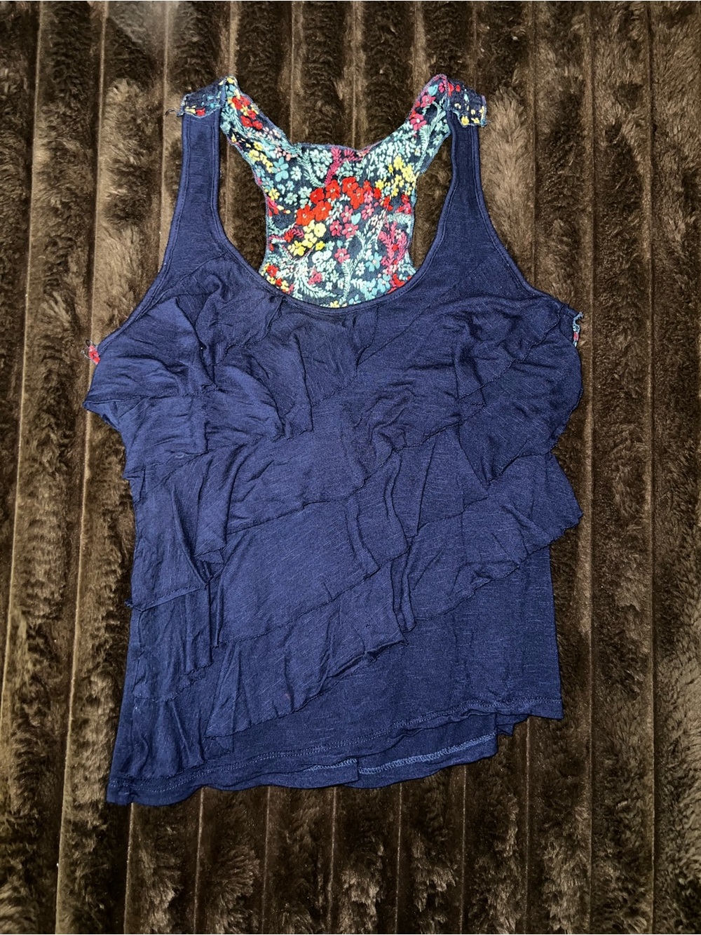 Hollister Navy Blue Ruffle Racerback Tank Top with Floral Back